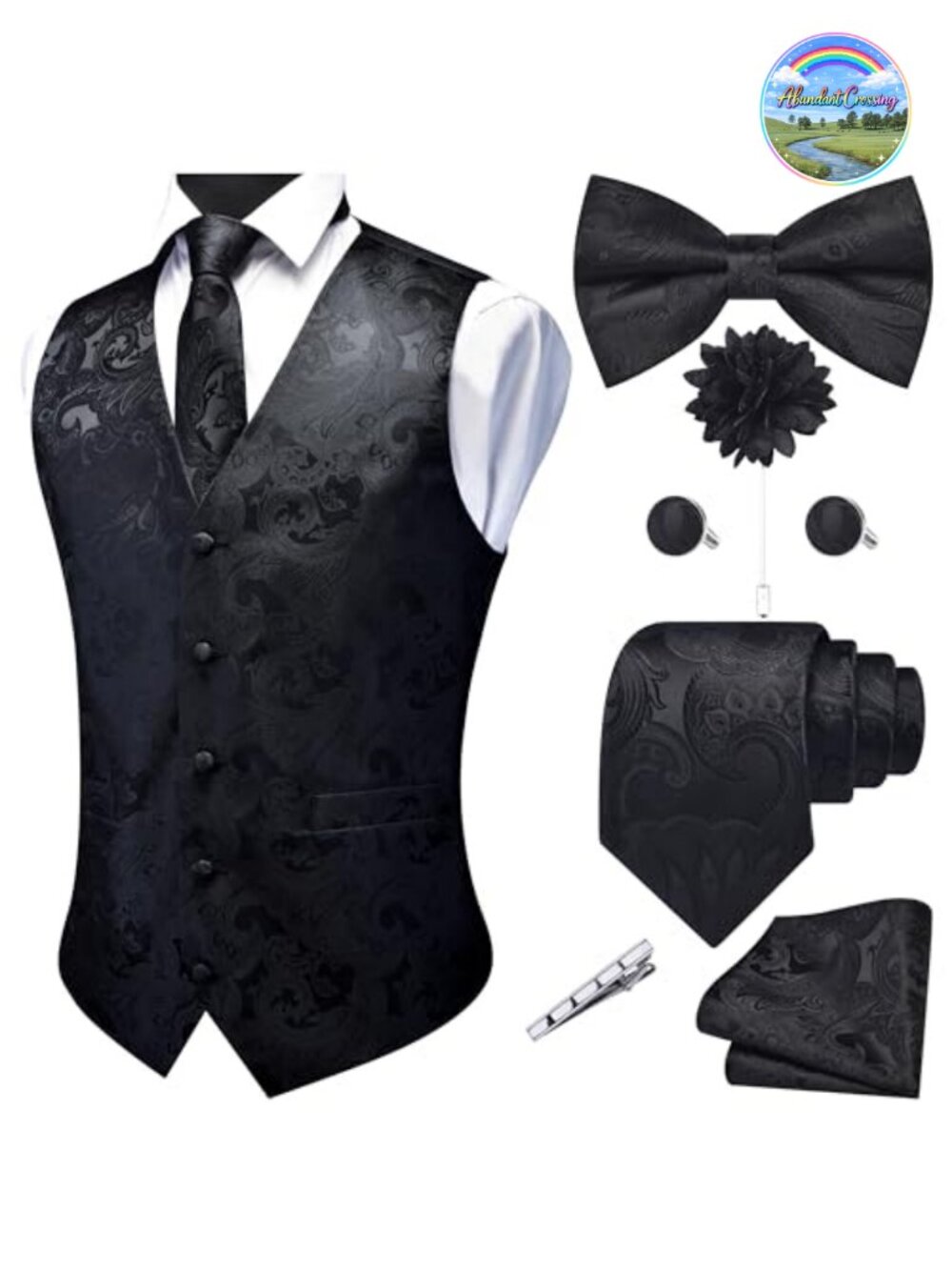 Men's V-Neck Suit Vest 7 Piece Set Paisley Jacquard Tie Bow Tie Formal Wedding